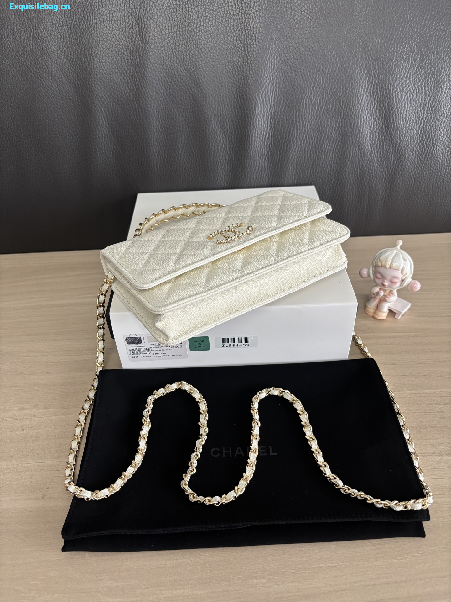 Chanel Shiny Caviar Quilted Strass CC Wallet On Chain WOC White