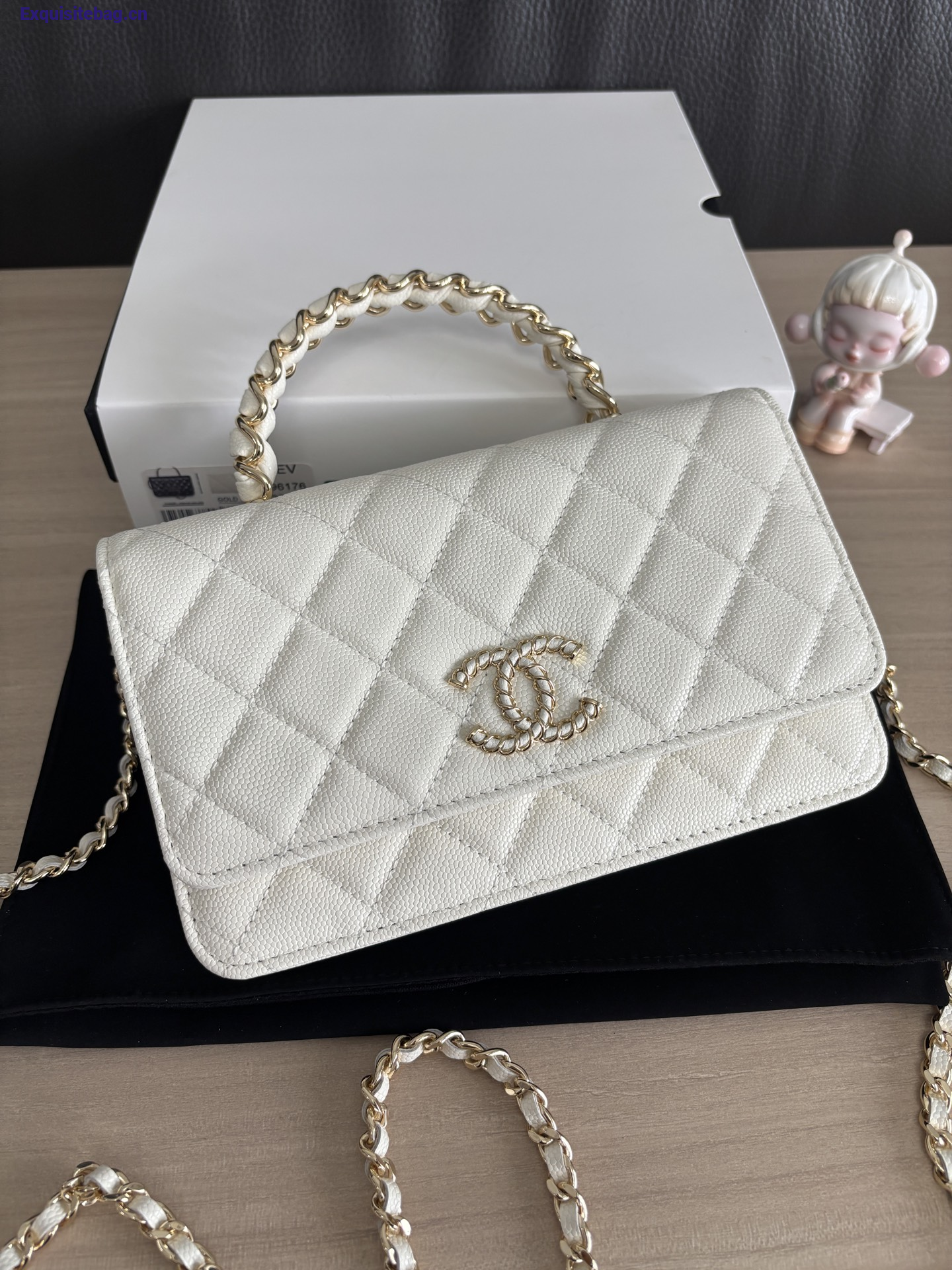 Chanel Shiny Caviar Quilted Strass CC Wallet On Chain WOC White