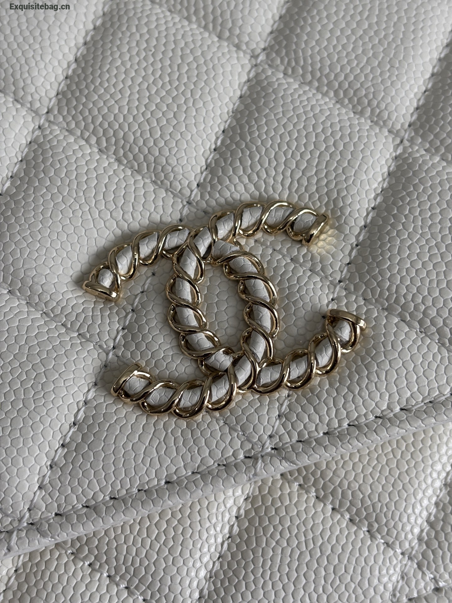 Chanel Shiny Caviar Quilted Strass CC Wallet On Chain WOC White