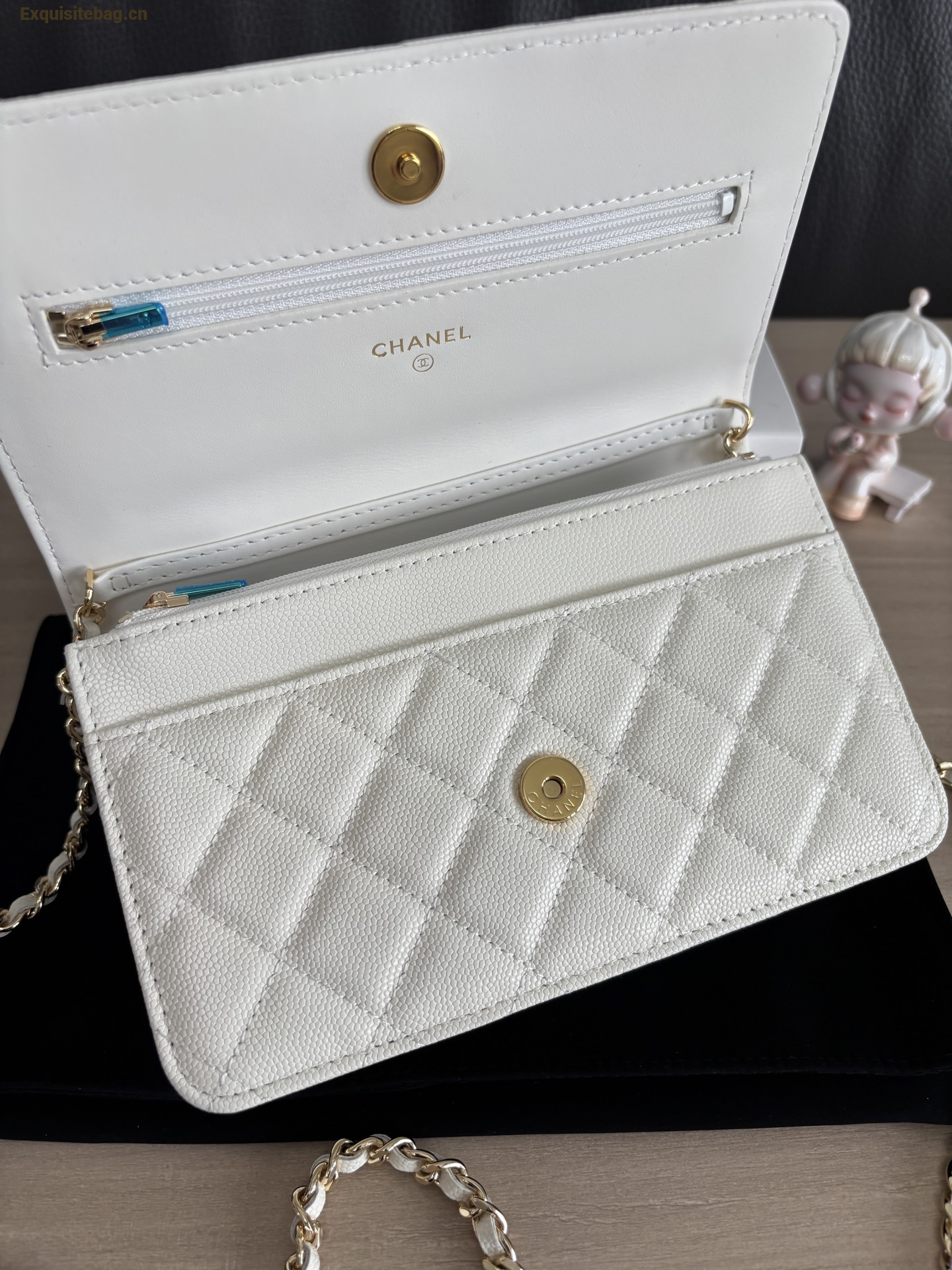 Chanel Shiny Caviar Quilted Strass CC Wallet On Chain WOC White