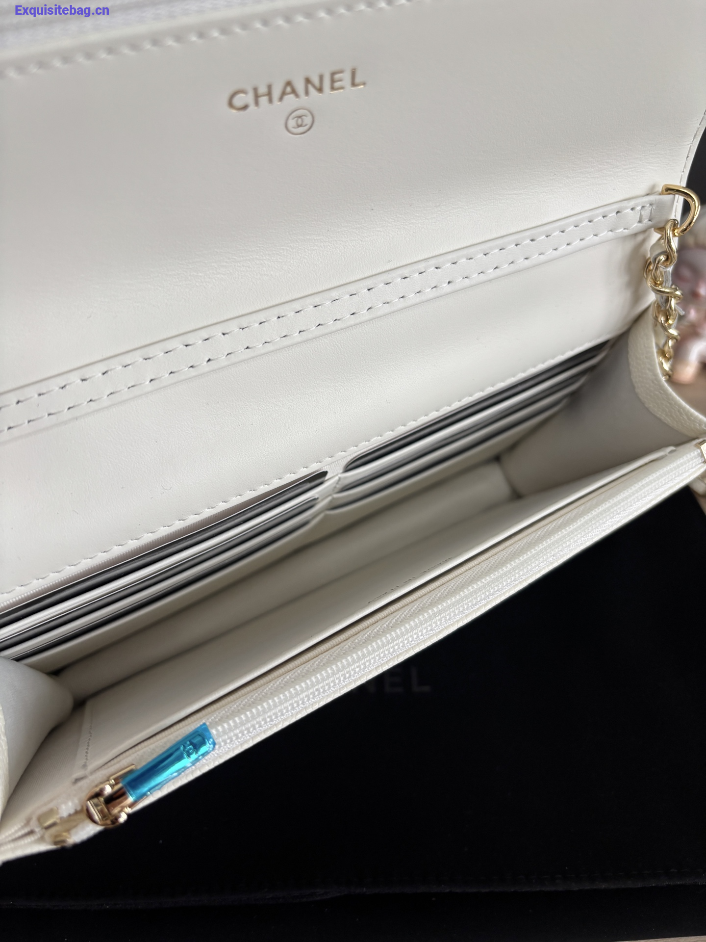 Chanel Shiny Caviar Quilted Strass CC Wallet On Chain WOC White