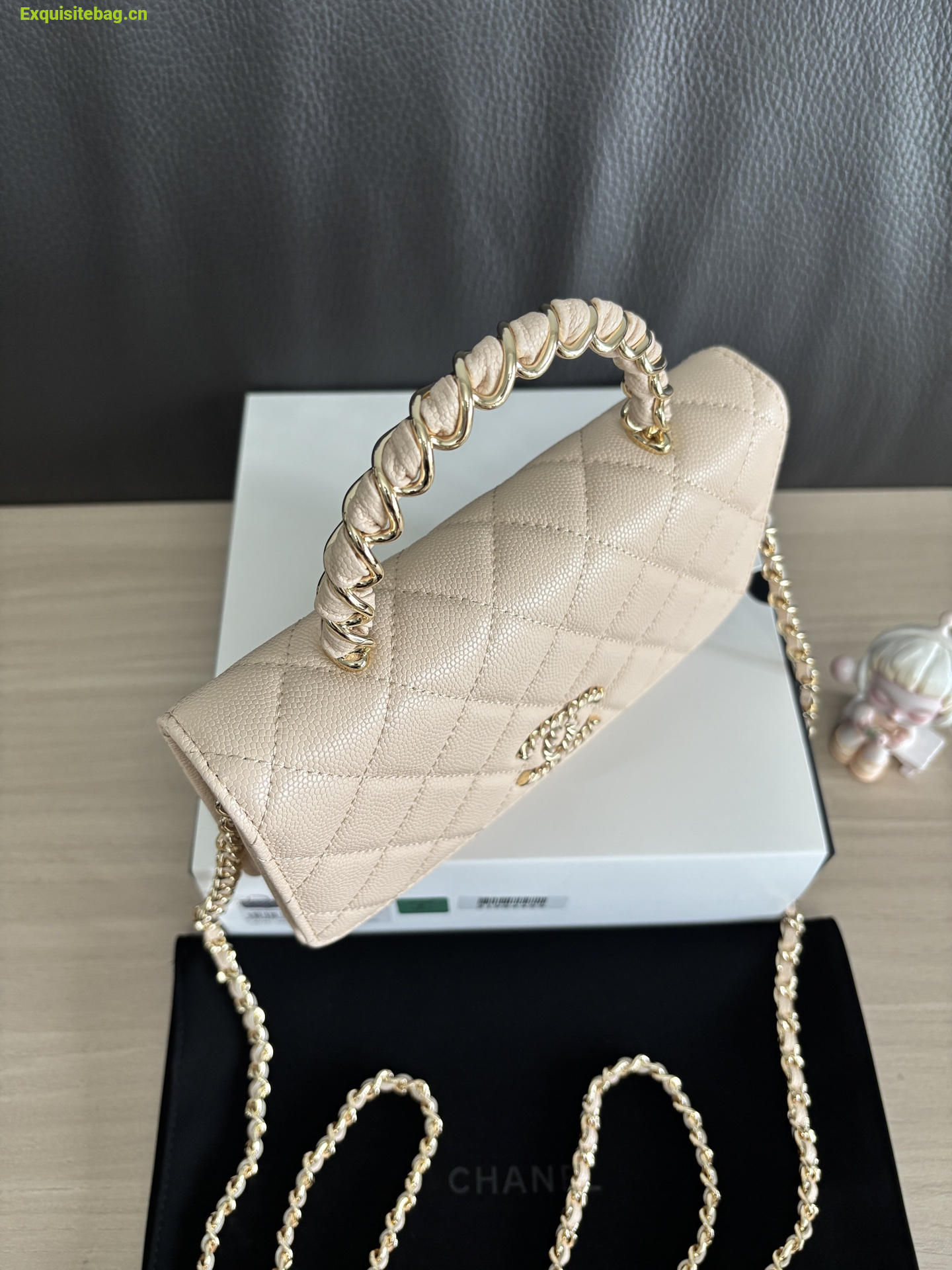 Chanel Shiny Caviar Quilted Strass CC Wallet On Chain WOC Beige