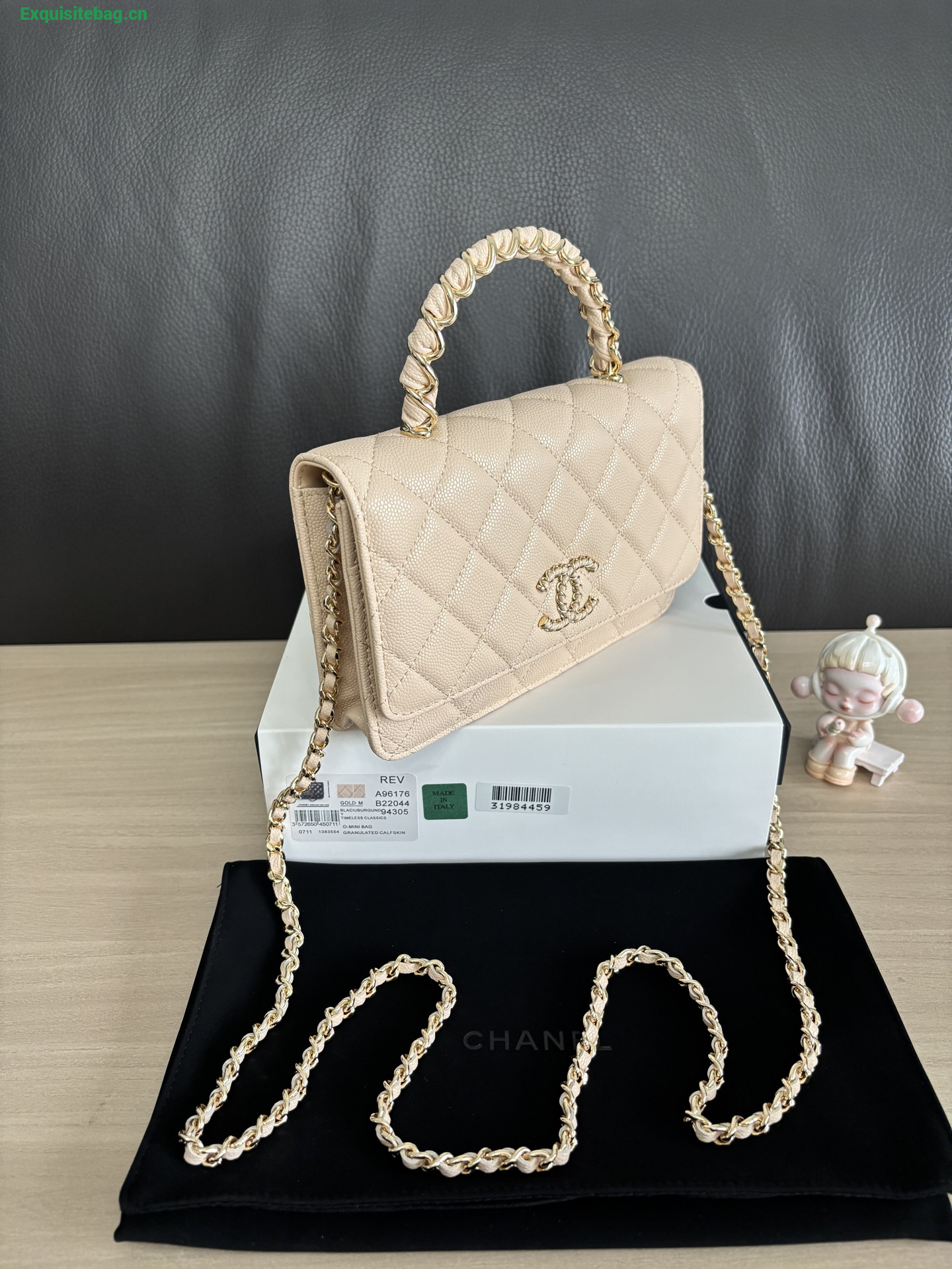 Chanel Shiny Caviar Quilted Strass CC Wallet On Chain WOC Beige