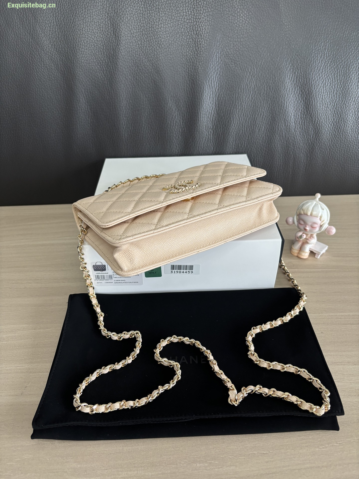 Chanel Shiny Caviar Quilted Strass CC Wallet On Chain WOC Beige