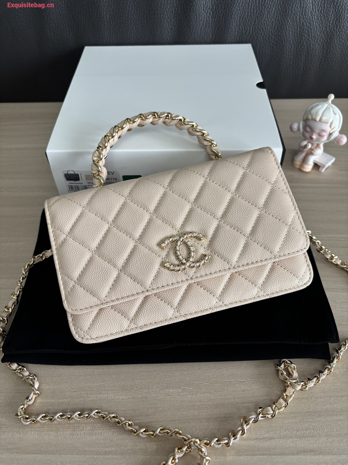 Chanel Shiny Caviar Quilted Strass CC Wallet On Chain WOC Beige
