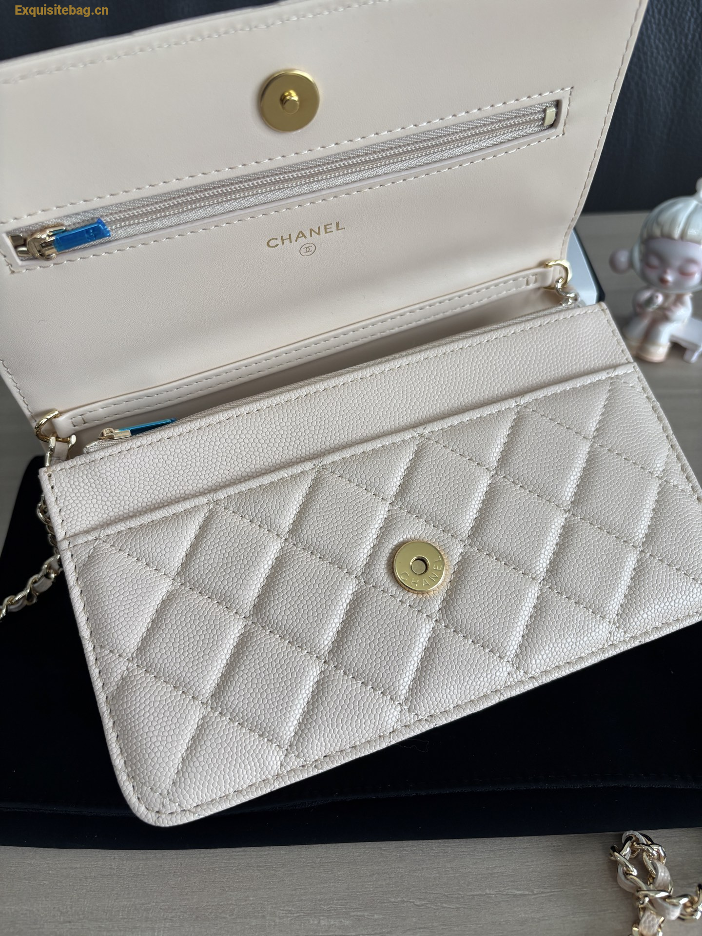 Chanel Shiny Caviar Quilted Strass CC Wallet On Chain WOC Beige