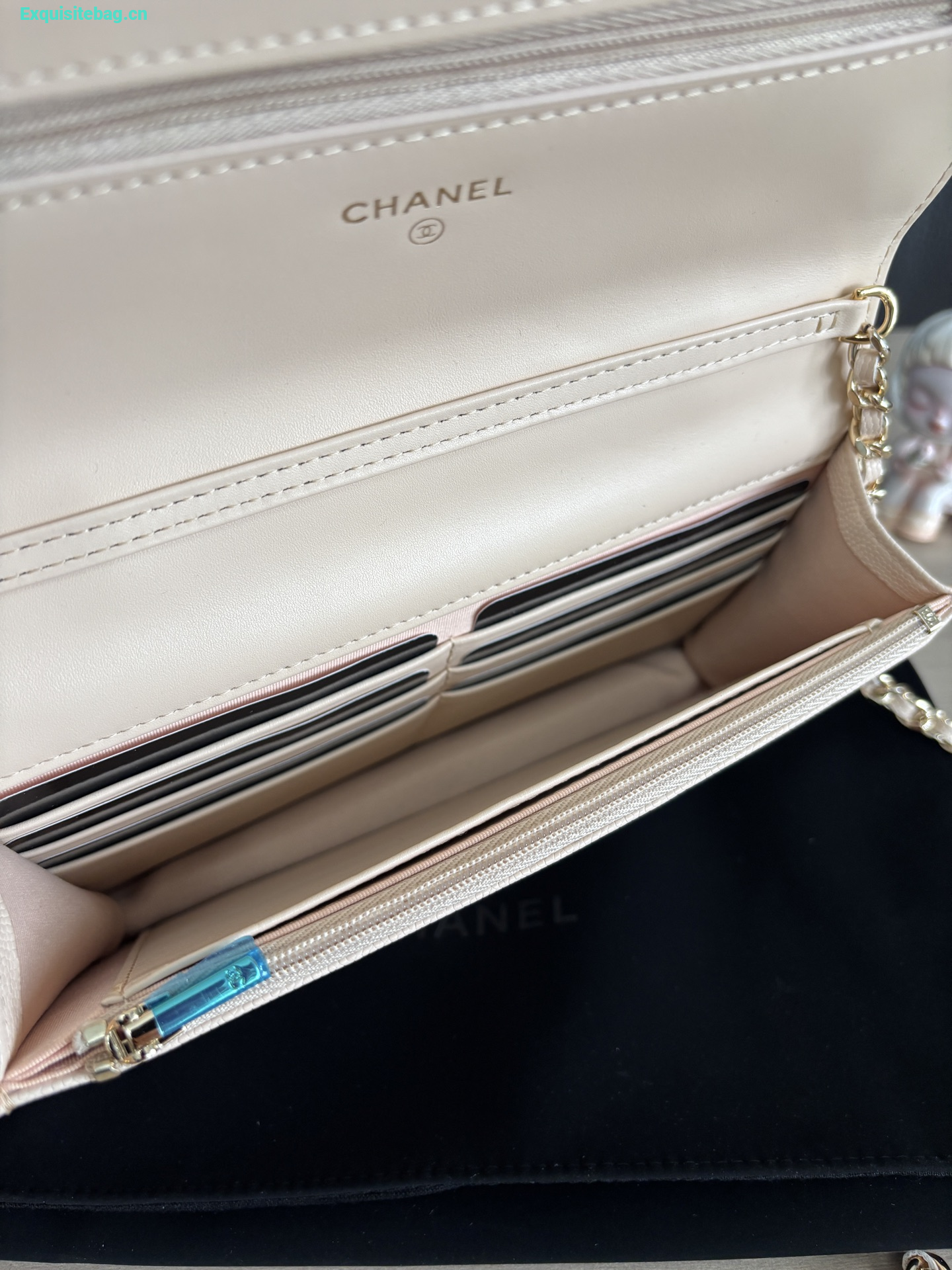 Chanel Shiny Caviar Quilted Strass CC Wallet On Chain WOC Beige