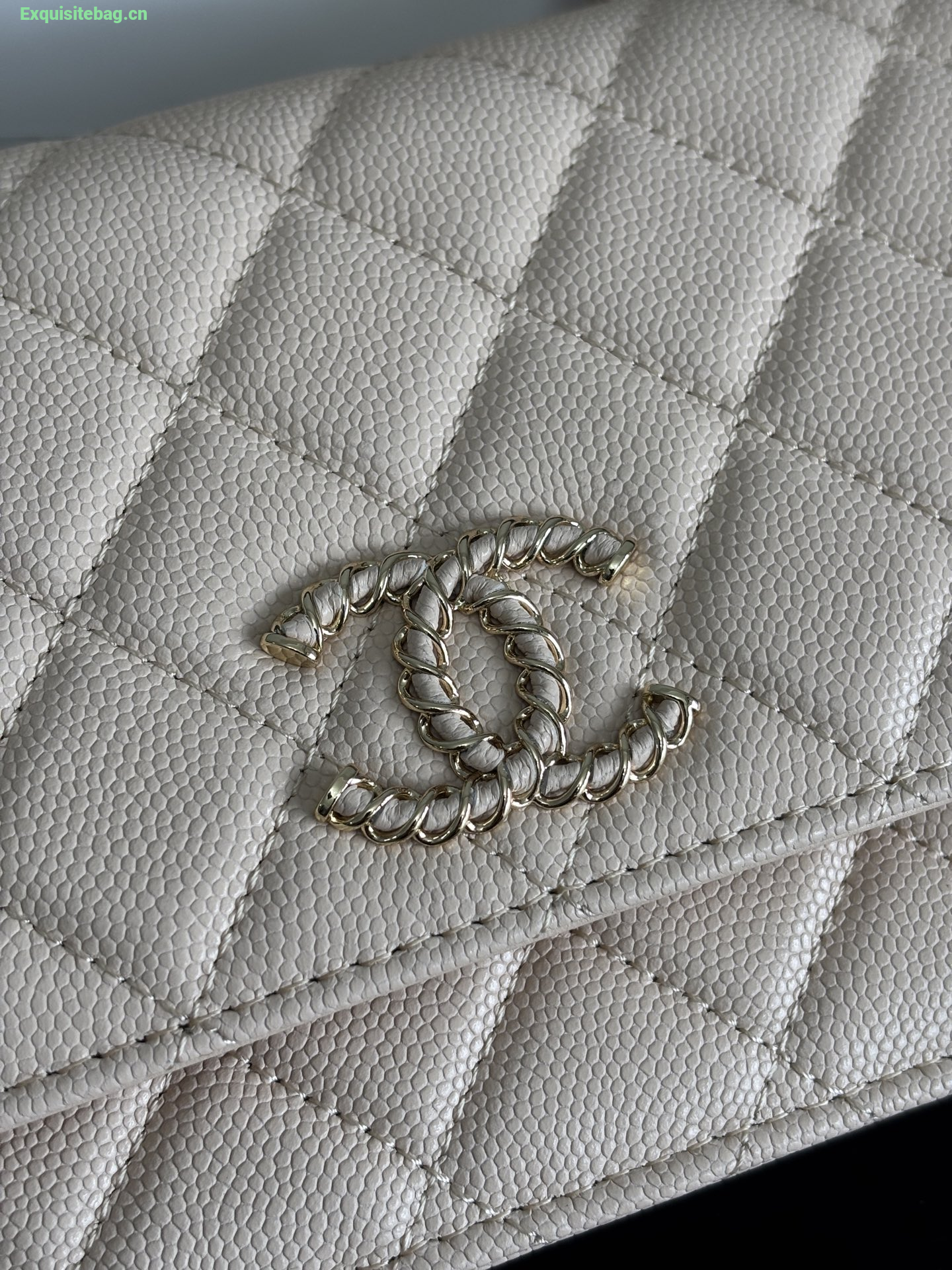 Chanel Shiny Caviar Quilted Strass CC Wallet On Chain WOC Beige