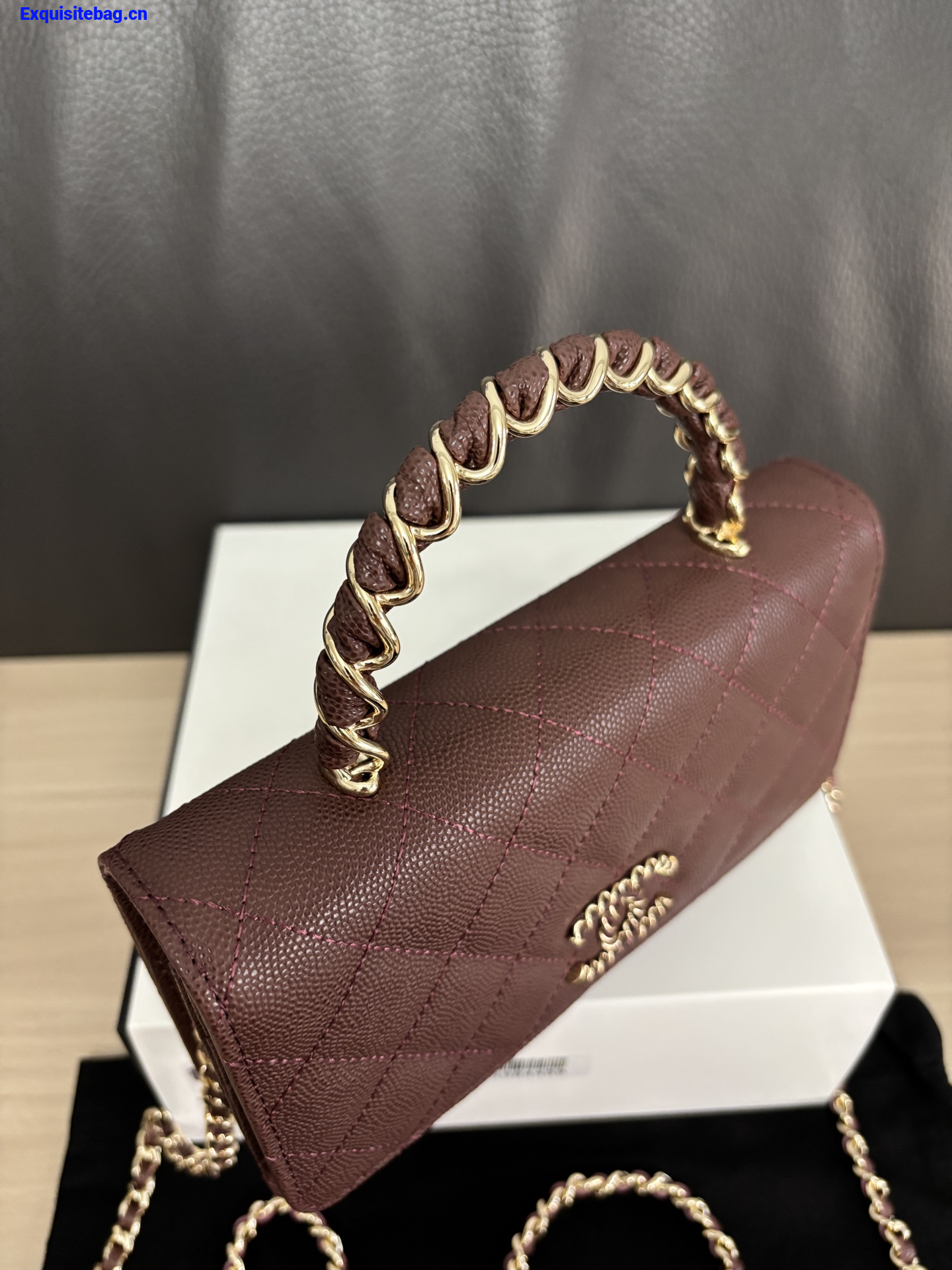 Chanel Shiny Caviar Quilted Strass CC Wallet On Chain WOC Brown