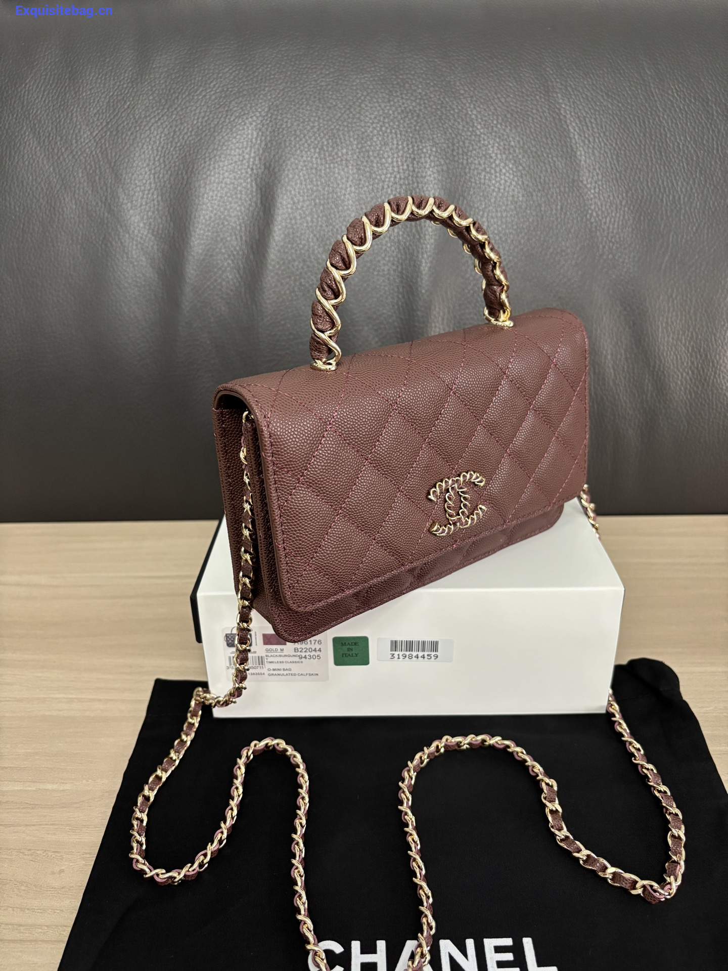 Chanel Shiny Caviar Quilted Strass CC Wallet On Chain WOC Brown