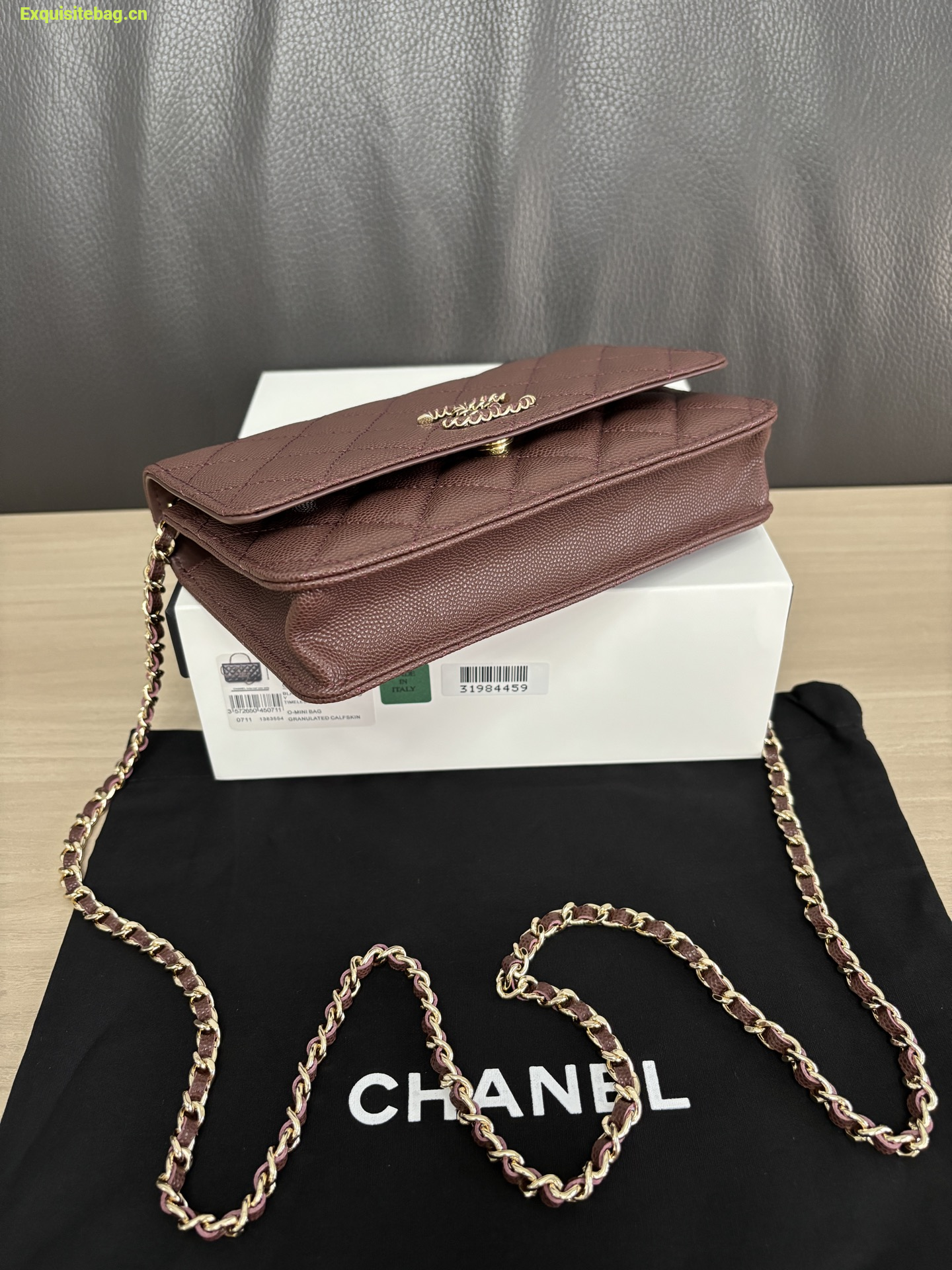 Chanel Shiny Caviar Quilted Strass CC Wallet On Chain WOC Brown