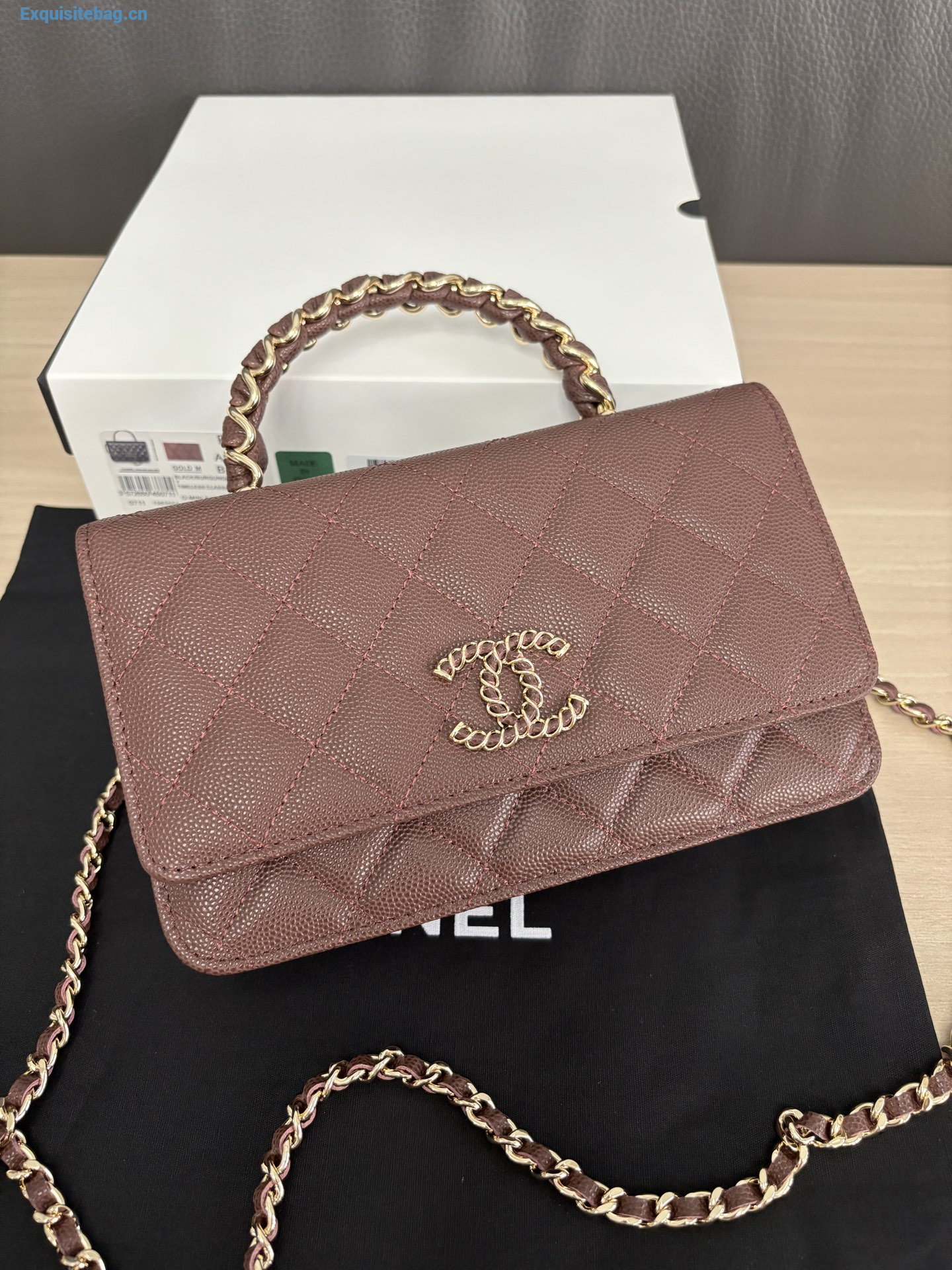 Chanel Shiny Caviar Quilted Strass CC Wallet On Chain WOC Brown