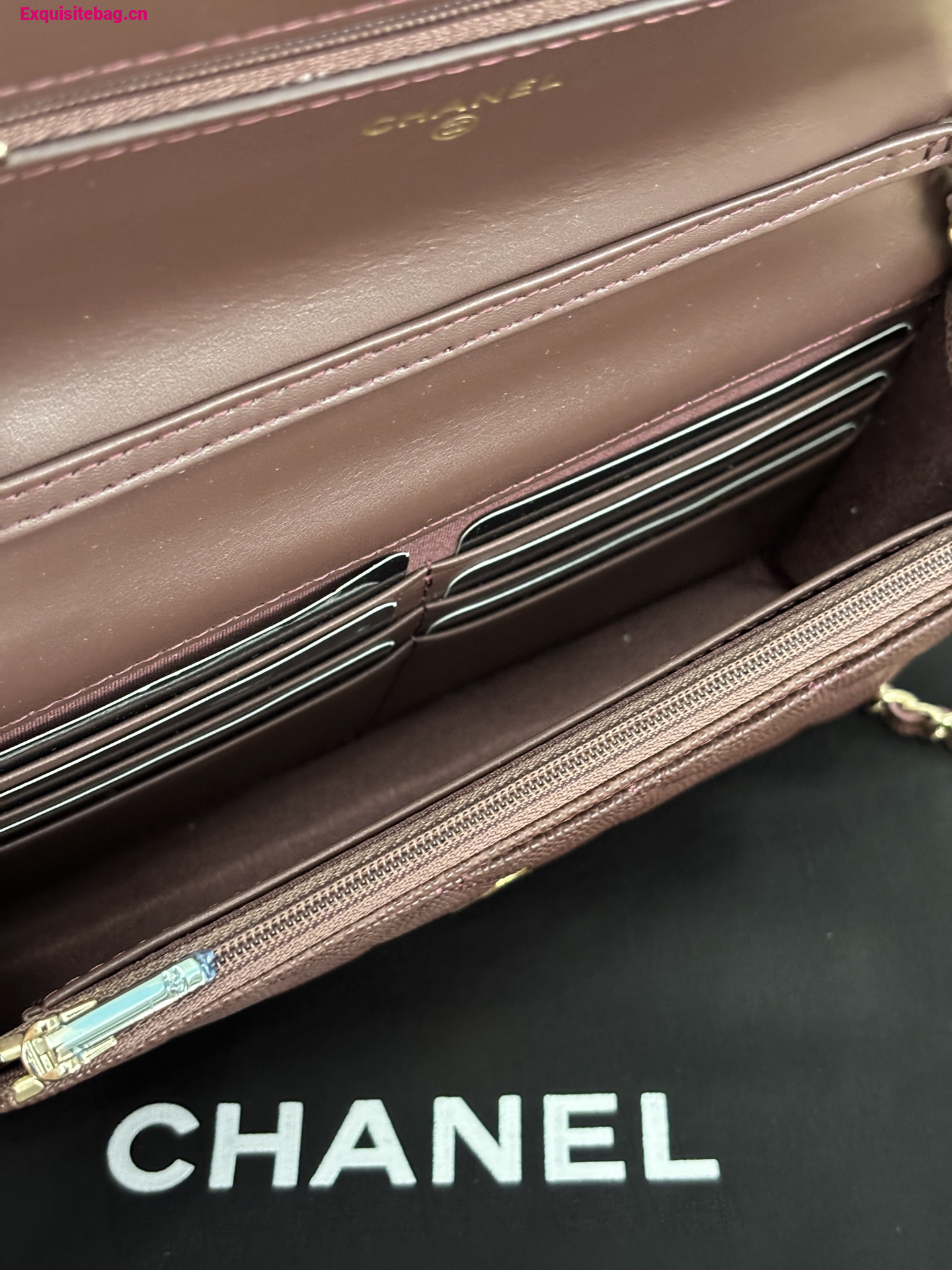 Chanel Shiny Caviar Quilted Strass CC Wallet On Chain WOC Brown