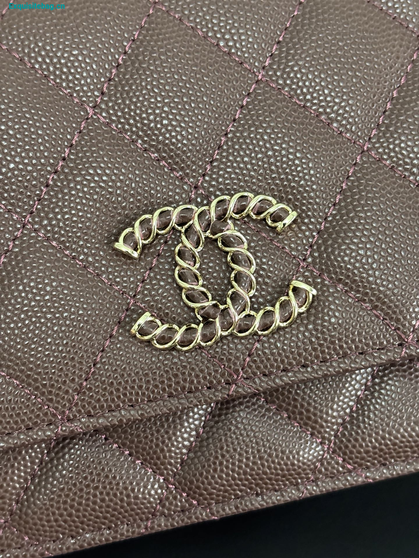 Chanel Shiny Caviar Quilted Strass CC Wallet On Chain WOC Brown