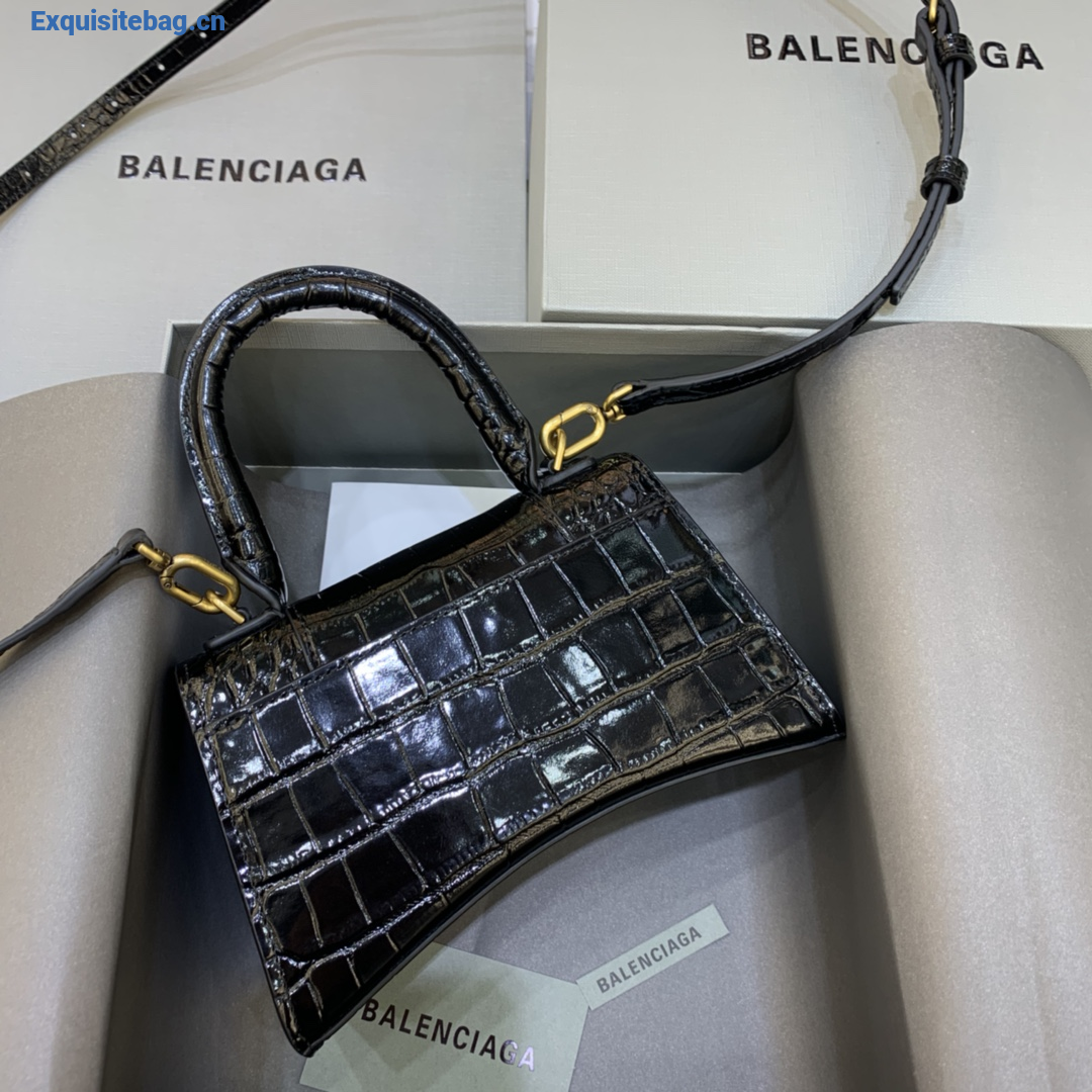 Balenciaga Hourglass XS black crocodile-embossed calfskin handbag