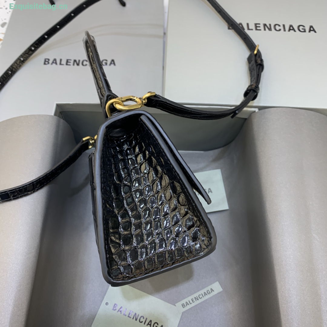 Balenciaga Hourglass XS black crocodile-embossed calfskin handbag