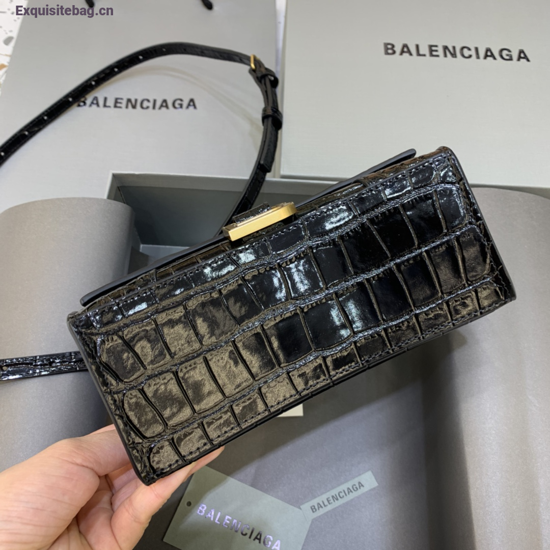 Balenciaga Hourglass XS black crocodile-embossed calfskin handbag