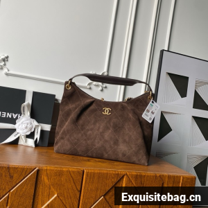 CHANEL Hobo Bag Suede Calfskin AS5978 Dark Brown