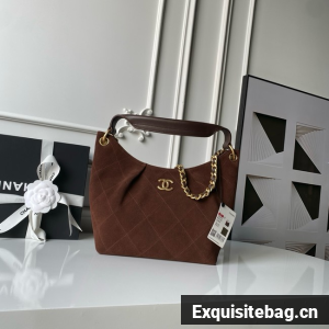 CHANEL Hobo Bag Suede Calfskin AS5970 Dark Brown