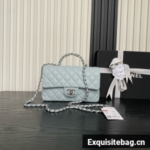 CHANEL Mini Flap Bag with Top Handle AS5702 light blue&Silver Metal