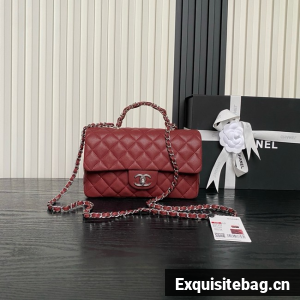 CHANEL Mini Flap Bag with Top Handle AS5702 red&Silver Metal