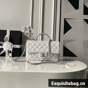 CHANEL Mini Flap Bag with Top Handle AS5702 white&Silver Metal