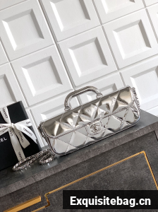 Chanel 25K Original Patent Leather Top Handle Bag A6321 Silver