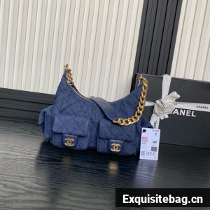 Chanel MAXI HOBO BAG Washed Denim AS5338 dark Blue
