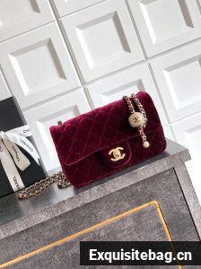 Chanel small Classic Handbag velvet AS1787 burgundy