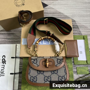 GUCCI BAMBOO 1947 JUMBO GG SMALL TOP HANDLE BAG 675797 blue&brown