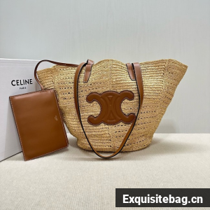 CELINE CLASSIC PANIER SMALL BRAIDED TRIOMPHE in RAFFIA and CALFSKIN 119682 TAN