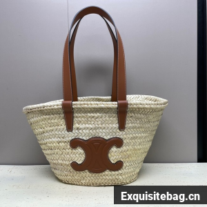 CELINE MEDIUM SUPPLE CELINE CLASSIC PANIER IN RAFFIA AND CALFSKIN 192622 TAN
