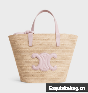 CELINE TEEN SUPPLE CELINE CLASSIC PANIER IN RAFFIA AND CALFSKIN 115802 PASTEL PINK