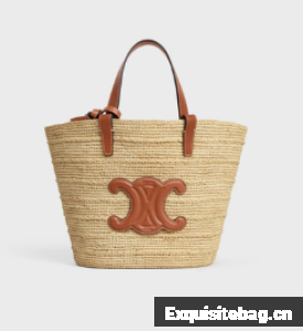 CELINE TEEN SUPPLE CELINE CLASSIC PANIER IN RAFFIA AND CALFSKIN 115802 TAN