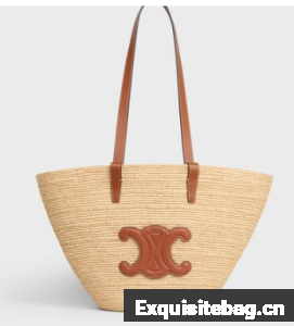 Celine MEDIUM SUPPLE CELINE CLASSIC PANIER IN RAFFIA AND CALFSKIN 114342 TAN