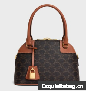 Celine SMALL BOWLING IN TRIOMPHE CANVAS AND CALFSKIN 121082 TAN 