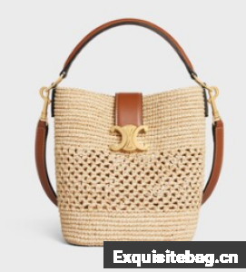 Celine SMALL LOUISE BUCKET IN RAFFIA AND CALFSKIN 119173 NATURAL & TAN