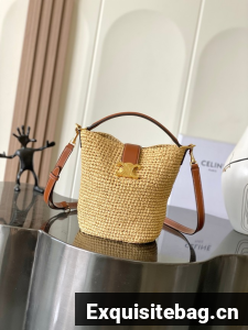Celine SMALL LOUISE BUCKET IN RAFFIA AND CALFSKIN A119173 NATURAL & TAN