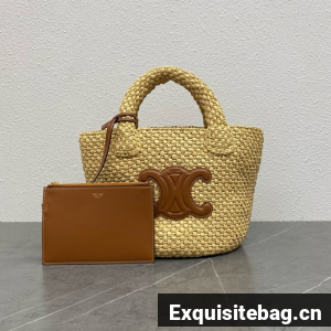 Celine TEEN NINO BAG IN RAFFIA WITH TRIOMPHE EMBROIDERIES 116388 NATURAL & TAN