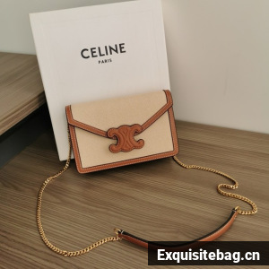 Celine WALLET ON CHAIN MARGO IN TEXTILE AND CALFSKIN 10J733 NATURAL & TAN