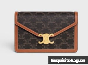 Celine WALLET ON CHAIN MARGO IN TRIOMPHE CANVAS AND CALFSKIN 10L033 TAN