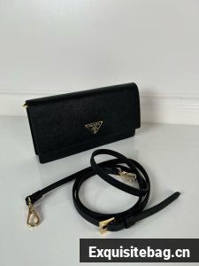 Prada Leather wallet with shoulder strap 1MF059 black