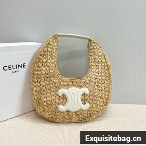 celine classic panier HOBO BAG IN Raffia and Calfskin 112772 NATURAL / WHITE