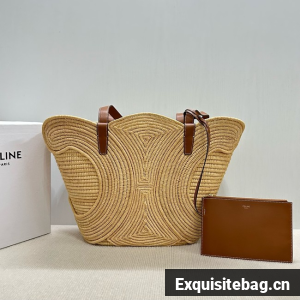CELINE CLASSIC PANIER SMALL BRAIDED TRIOMPHE in RAFFIA and CALFSKIN 116982 NATURAL & TAN CELINE CLASSIC PANIER SMALL BRAIDED TRIOMPHE in RAFFIA and CALFSKIN 116982 NATURAL & TAN