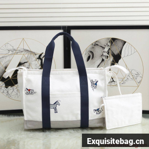 Hermes Adada Nappy Canvas Shopping Bag H5635 Navy&White