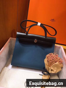 Hermes Herbag 31CM Original Canvas Leather & Calfskin 45987 Blue&Black