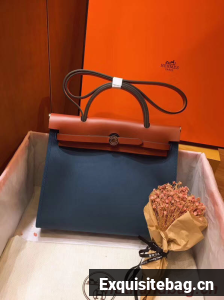 Hermes Herbag 31CM Original Canvas Leather & Calfskin 45987 Blue&Brown