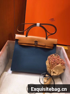 Hermes Herbag 31CM Original Canvas Leather & Calfskin 45987 Blue&Apricot