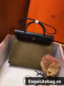 Hermes Herbag 31CM Original Canvas Leather & Calfskin 45987 green&Black