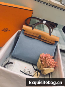 Hermes Herbag 31CM Original Canvas Leather & Calfskin 45987 light blue Blue&brown